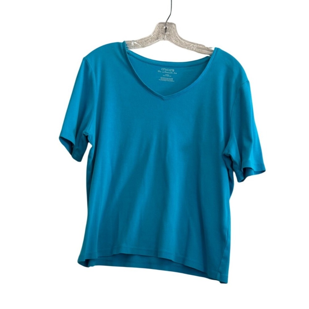 Chico's The Ultimate Tee Women Size 2 (L) Blue V-Neck Short Sleeve Cotton Basic